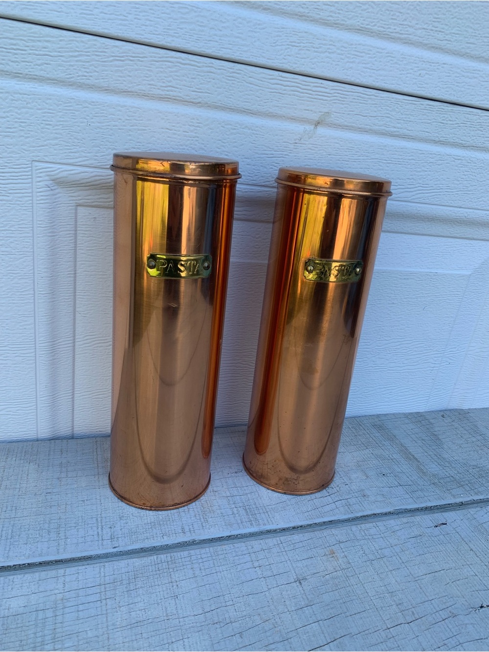 Vintage TAYEE Taiwan Copper Pasta Spaghetti Storage Canister Set of 2 w Lids 11”